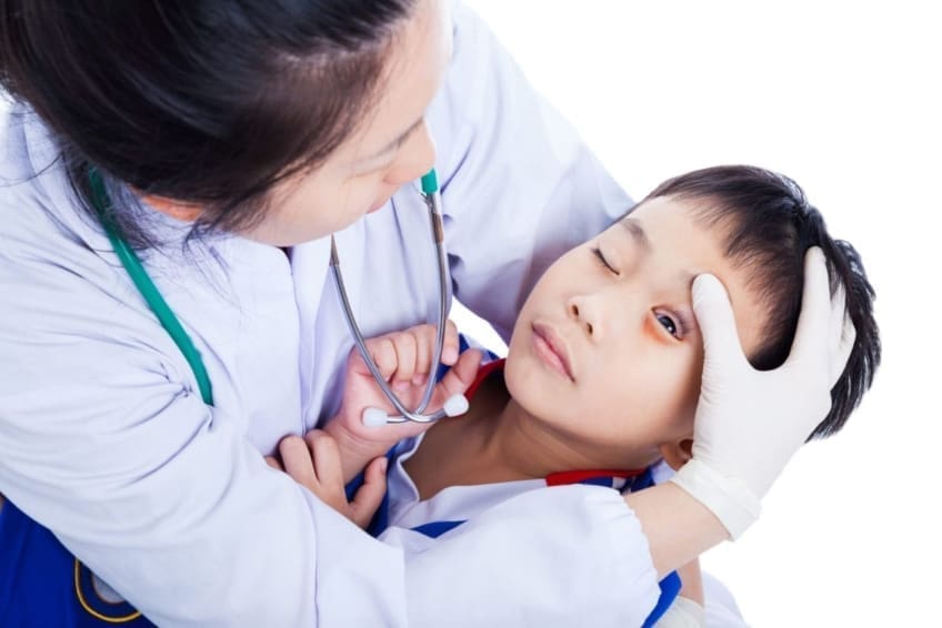 Young male soccer player with a sports eye injury being checked by a doctor