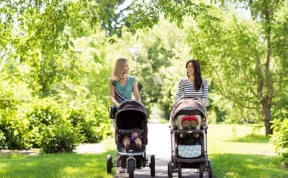 Two mothers walk their babies in strollers through the park.