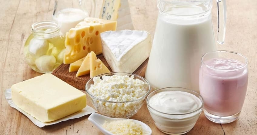 A collection of calcium-rich foods including cheese, milk and yogurt.